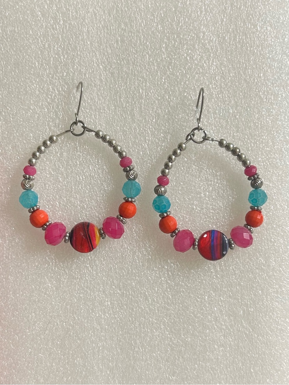 Beaded Hoop Drop Earrings with Pink, Turquoise & Orange Accents